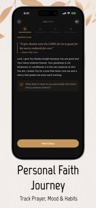 ACTS guided prayer step showing Adoration with Psalm 136:1 KJV and a reflection question